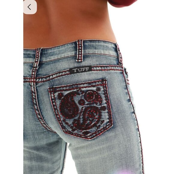 Cowgirl Tuff Paisley Red Beaded Boot cut Jeans Womens 26 Blue Mid Rise Western - Picture 1 of 16